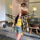 DERMEARNE Long Sleeve Plaid Shirt Women's Spring Autumn New Hong Kong Style Small Size Loose Outerwear Open Cardigan Long Shirt