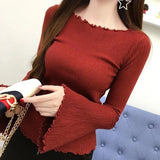 DERMEARNE 2025 New Spring and Autumn Fashion Simple Solid Elastic Slim Fit Wooden Ear Edge One Line Neck Flare Sleeve Knit Underlay Shirt