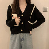 Autumn Cropped Knitting Cardigans Women Y2K Fashion Chic V Neck Patchwork Outwear Korean Loose Single Breasted All Match Sweater