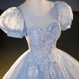 DERMEARNE Customized Ball Gown Evening Dresses Puff Sleeves Appliques Prom Birthday Party Gowns Formal Vestido De Noche