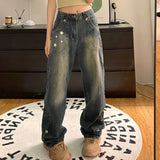 Vintage Harajuku Star Women Jeans Y2k Baggy Wide Leg Denim Pants Korean Fashion Aesthetic Trousers Streetwear Autumn