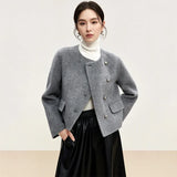 DERMEARNE SENTUBILA Elegant Short Wool Coat Women 2025 Winter Fashion Crew Neck Irregular Single Breasted Female Warm Overcoat W44O56008