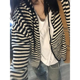 Vintage Striped Sweaters Cardigan Women Casual Korean Style Zip Up Knitwear Harajuku Loose Black White Knitted Coats