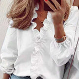DERMEARNE 2025 Vintage Ruffles Women Blouses Autumn Long Sleeve Office Lady Elegant Tops Cotton Casual Tops V-neck Shirt Clothing