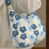 Capacity Plush Crossbody Bag Blue Flowers Soft Fashion Shoulder Bag Casual Youthful Cute Fall Winter Handbag