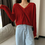 Women's Long Sleeve Cropped Cardigan V Neck Button Down Knit Lady Autumn Winter Knit Single-breasted Cardigan Sweaters