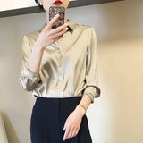 DERMEARNE All-match Satin Finish Shirts And Blouses Women Clothing Casual Top OL Long Sleeve Button Elegant Shirts French Solid Blouses