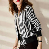 DERMEARNE Autumn Fashion Trend Stripe Round Neck Combed Cotton Short Jacket Versatile  Reducing Age and Slimming Women's Baseball Coat