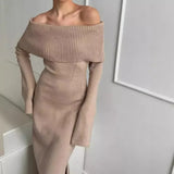 Autumn Winter Knitted Maxi Dress Women Sexy Off The Shoulder Slim Sweater Dresses Elegant Long Sleeve Solid Basic Party Dress