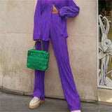 wsevypo Women Pleated 2 Piece Pants Sets Spring Summer Streetwear Long Sleeve Button Down Shirt+Straight-Leg Pants Loose Outfits