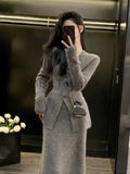 Winter Vintage Elegant 2 Piece Set Women V-neck Y2k Chic Kintted Skirt Suit Female Korean Fashion Casual Retro Sweater Set 2024