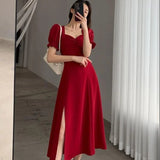 DERMEARNE Solid Puff Short-Sleeved Elegant Slit Dress New Fashion Women V-neck Full Dresses Ladies High Waist Slim Evening Party Vestidos