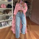 DERMEARNE 2025 Women's New Fashion Lace Floral Shirt Top With High Neck Puff Sleeve Through Hollow-Out Front Short After Long Top Blouse