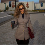 DERMEARNE Vintage Khaki Plaid Suit Coat Women Lapel Long Sleeved Button Slim Jacket 2025 Fashion Commute High Street Female New Outerwear