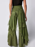 DERMEARNE Women Y2k Aesthetic Ruffle Irregular Layered Long Pants Solid Color High Waist Wide Leg Trousers Sexy Streetwear