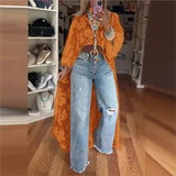 DERMEARNE 2025 Women's New Fashion Lace Floral Shirt Top With High Neck Puff Sleeve Through Hollow-Out Front Short After Long Top Blouse