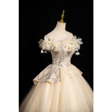 DERMEARNE 2026 New Women's Summer Champagne Mesh Embroidered One Shoulder Evening Dress Fashionable and Sweet Banquet Pendant Puff Skirt