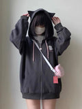 Gray Solid Harajuku Hoodies Women Japanese Style Y2k Cuteore Soft Girl Cartoon Embroidery Zipper Hoodes Sweatshirt 2024
