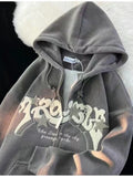 Vintage Y2K Zip Up Hoodies Women Harajuku Letter Sweatshirts Hippie Gothic Streetwear Loose Casual Patchwork Top Coats