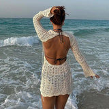 DERMEARNE Vintage Crochet Flower Hollow Out Dress Cover-Ups Chic Women Sexy Knit Backless Tie-up Mini Dress Summer Beach Holiday Bodycon