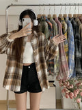 DERMEARNE Plaid Shirt Women Autumn Long Sleeve Top Female Vintage Fashion Single Breasted Blouse Ladies Preppy Style Loose Check Shirts