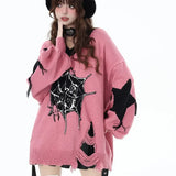 Y2k Gothic Women Sweater Harajuku Japanese Fashion V Neck Knit Pullovers Hole Oversized Contrast Color Grunge Autumn