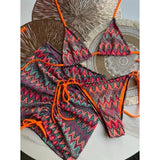 DERMEARNE Knitbikini Set Of Three Sexy Striped Swimwear Middle Age Polyester Fiber Beach Style Printed Knitted Bikini