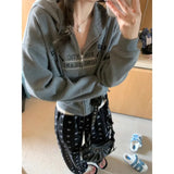 Deeptown Women Cropped Hoodies Vintage Y2k Korean Style Zip Up Sweatshirts Sweet Bow Embroidery Casual Cotton Hoodies Harajuku