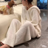 Winter Flannel Pajama Sets Women Thicken Warm Hooded Sleepwear Casual Baggy Home Ulzzang Simple Loungewear Fashion Comfortable