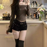 DERMEARNE Trendy Women's Cropped Studded Denim Shorts Sexy Low Waist For Nightclub Vintage Y2K Style Compact Size Fashionable Streetwear