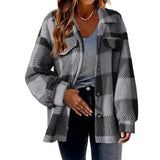 DERMEARNE Autumn Winter Women's Thickened Plaid Lamb Velvet Jacket with Pockets Buttoned Fluffy Outerwear Casual Loose Fit Coat