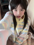 Y2K Aesthetic Vintage Striped Knitted Cardigan Women Harajuku Kpop Zipper Oversized Sweater Korean Sweet All-match Tops