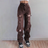 DERMEARNE Ripped Vintage Woman's Jeans Distressed  Streetwear Hole Hip Hop High Waist Pants Fashion Straight Denim Trousers Summer Jean