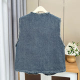 DERMEARNE 2025 Spring Summer Plus Size Women's Tweed Round Neck Vest with Frayed Hem Design, Retro Style Waistcoat Jacket 8283