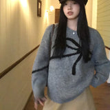 Elegant Bow Sweaters Women Vintage Y2k Knitted Pullovers Autumn Winter Loose Long Sleeve Aesthetics Streetwear Jumpers