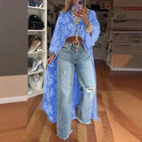 DERMEARNE 2025 Women's New Fashion Lace Floral Shirt Top With High Neck Puff Sleeve Through Hollow-Out Front Short After Long Top Blouse