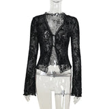 DERMEARNE Women Lace Flare Bell Sleeve T Shirt Female Black See Through Lace Up Floral V Neck Tees Top Sexy Wear Spring Summer Yuqung