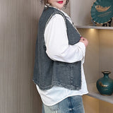 DERMEARNE 2025 Spring Summer Plus Size Women's Tweed Round Neck Vest with Frayed Hem Design, Retro Style Waistcoat Jacket 8283