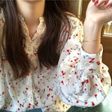 DERMEARNE Floral Chiffon Shirt Tops Spring Autumn New Long Sleeve Polo Neck Printing Loose Youth Blouse Fashion Sweet Cute Women Clothing