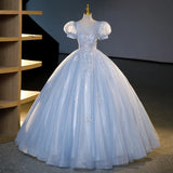 DERMEARNE Customized Ball Gown Evening Dresses Puff Sleeves Appliques Prom Birthday Party Gowns Formal Vestido De Noche