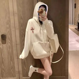 DERMEARNE Retro American Embroidered Hoodie Women Loose Autumn Winter Thickened Design Oversize Jacket Trendy Outerwear Coat