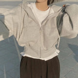 Dermearne Women Short Hoodies Autumn Retro Solid Color Zip Up Sweatshirt Tracksuit Harajuku Korean Long Sleeve Hooded Jacket Coat Crop Top