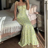 DERMEARNE Summer Long Dress For Women 2025 Spaghetti Strap Floral Print Slim Bodycon Beach Vestidos