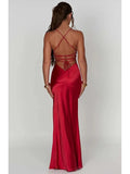 DERMEARNE 2025 Satin Backless Lace Up Mermaid Slip Dress Women Sweetheart Neck Sexy Slim Bodycon Dresses Elegant Silk Gown Partywear