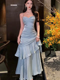 DERMEARNE Women's Elegant Ruffles Long Dresses Fashion Spaghetti Strap Sleeveless Princess Party Dress Summer Slim Waist Casual Vestidos