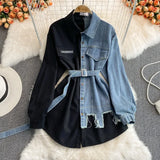 DERMEARNE Women Shirt Denim Splice Full Sleeve Single Breasted T Shirts Turn Down Collar Irregular Midi Blouses Belt Ladies Autumn