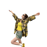 DERMEARNE Long Sleeve Plaid Shirt Women's Spring Autumn New Hong Kong Style Small Size Loose Outerwear Open Cardigan Long Shirt