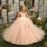 DERMEARNE Pretty Dress Pink Flower Girl Dress Princess Lace Floral Appqulies Tulle Fluffy Skirt Floor Length Ball Gowns Comuunion Party