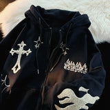 Dermearne European and American Autumn/Winter Hoodie Embroidered Cross Flame Coat Plush Couple Loose Top Sweater