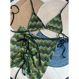 DERMEARNE Knitbikini Set Of Three Sexy Striped Swimwear Middle Age Polyester Fiber Beach Style Printed Knitted Bikini